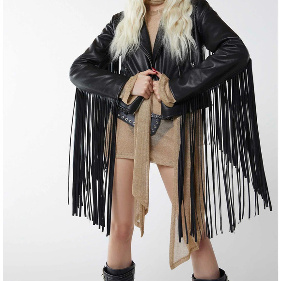 My Fly Closet Jackets & Blazers - Black Vegan Leather Jacket‎ with Long Fringes